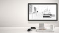 Architect house project concept, desktop computer on white background, work desk showing CAD sketch, minimalist kitchen and living Royalty Free Stock Photo