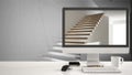 Architect house project concept, desktop computer on white work desk showing minimalistic wooden stairs, CAD sketch interior desig