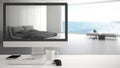 Architect house project concept, desktop computer on white work desk showing modern white bedroom with big panoramic window, minim