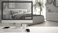 Architect house project concept, desktop computer on white work desk showing modern white bedroom, minimalistic blurred interior d