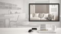 Architect house project concept, desktop computer on white work desk showing modern living room, CAD sketch interior design in the Royalty Free Stock Photo