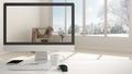 Architect house project concept, desktop computer on white work desk showing scandinavian living room, minimalistic blurred interi Royalty Free Stock Photo