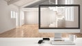 Architect house project concept, desktop computer on white work desk showing white modern empty space, minimalistic blurred interi Royalty Free Stock Photo