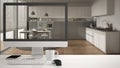 Architect house project concept, desktop computer on white work desk showing white wooden kitchen, minimalistic blurred interior d