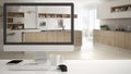 Architect house project concept, desktop computer on white work desk showing white wooden kitchen, minimalistic blurred interior d