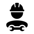 Architect icon vector male construction worker person profile avatar with hardhat helmet and wrench or spanner tool in glyph
