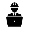 Architect icon vector male construction worker person profile avatar with laptop and hardhat helmet in glyph pictogram