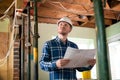 Architect Inside House Being Renovated Studying Plans