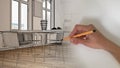 Architect interior designer concept: hand drawing a design interior project sketch while the space becomes real, modern kitchen Royalty Free Stock Photo
