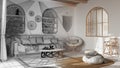 Architect interior designer concept: hand-drawn draft unfinished project that becomes real, bohemian living room, wallpaper,