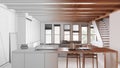 Architect interior designer concept: hand-drawn draft unfinished project that becomes real, minimal kitchen and dining room, Royalty Free Stock Photo