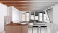 Architect interior designer concept: hand-drawn draft unfinished project that becomes real, minimal kitchen and dining room, Royalty Free Stock Photo