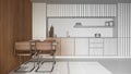 Architect interior designer concept: hand-drawn draft unfinished project that becomes real, minimal wooden kitchen and dining room Royalty Free Stock Photo