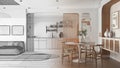 Architect interior designer concept: hand-drawn draft unfinished project that becomes real, modern kitchen, living and dining room