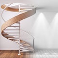 Architect interior designer concept: hand-drawn draft unfinished project that becomes real, spiral staircase in minimal apartment