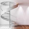 Architect interior designer concept: hand-drawn draft unfinished project that becomes real, spiral staircase in minimal apartment