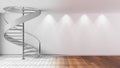 Architect interior designer concept: hand-drawn draft unfinished project that becomes real, spiral staircase in modern hallways.