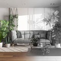 Architect interior designer concept: hand-drawn draft unfinished project that becomes real, urban jungle, living room with sofa. Royalty Free Stock Photo