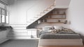 Architect interior designer concept: hand-drawn draft unfinished project that becomes real, wooden bedroom. Bed, minimal staircase