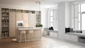 Architect interior designer concept: unfinished project that becomes real, kitchen with wooden details in contemporary apartment