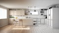 Architect interior designer concept: unfinished project that becomes real, kitchen with wooden details and parquet floor,