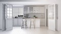 Architect interior designer concept: unfinished project that becomes real, modern scandinavian kitchen, cabinets, island and