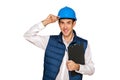 Architect man, blue helmet, isolated over white background.