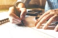 Architect man working with drawing compass on desk office room. Royalty Free Stock Photo