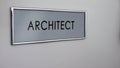 Architect office door, construction project approval, real estate development