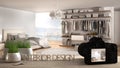 Architect photographer designer desktop concept, camera on wooden work desk with screen showing bedroom design project, blurred