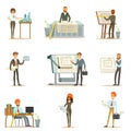 Architect Profession Set Of Vector Illustrations With Architects Designing Projects And Blueprints For Building
