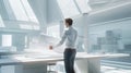 an architect reviews and unrolls blueprints on a sleek table within, modern, office space, with ample copy space for