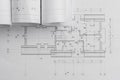 Architect rolls and architectural plan,technical project drawing. From above