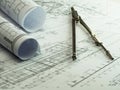Architect rolls and plans with divider. Architectural plan, tech Royalty Free Stock Photo