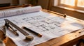 Architect\'s Blueprints and Tools on Drafting Table with Soft Natural Light and Warm Colors Royalty Free Stock Photo