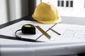 Architect`s desk The engineer draws the design of the house.