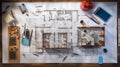 an architect\'s drawing board on a table, AI-Generated