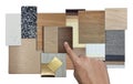 architect selects interior material samples including drapery fabric catalogs, wooden ceramic tiles, terrazzo stones, engineering Royalty Free Stock Photo