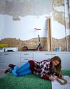 Architect student woman at homework on carpet