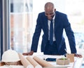 Architect, tablet and man in office, hard hat or smile for success, contract approved or planning. Young black male Royalty Free Stock Photo