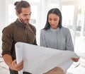 Architect, teamwork and couple with blueprint for planning at construction site. Document, architecture and happy man Royalty Free Stock Photo