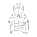 Architect with technical drawing icon in outline style isolated on white background. Architect symbol