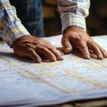 An architect thoughtfully examines a building plan, his hands guiding him through the details, a tangible representation of his Royalty Free Stock Photo