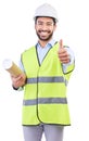 Architect thumbs up, portrait and man smile for blueprint success feedback, real estate design vote or engineer Royalty Free Stock Photo