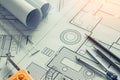Architect tools with blue prints Royalty Free Stock Photo