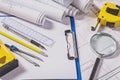 Architect tools on blueprints Royalty Free Stock Photo