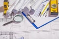 Architect tools on white blueprint construction Royalty Free Stock Photo