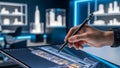 Architect using a stylus on a tablet to design a skyscraper, featuring a wireframe blueprint in a modern office. Royalty Free Stock Photo
