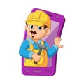 The architect using the yellow helmet came out from the purple mobile smartphone