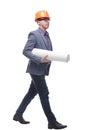 Architect wearing a suit and hardhat with blueprint standing isolated on white Royalty Free Stock Photo